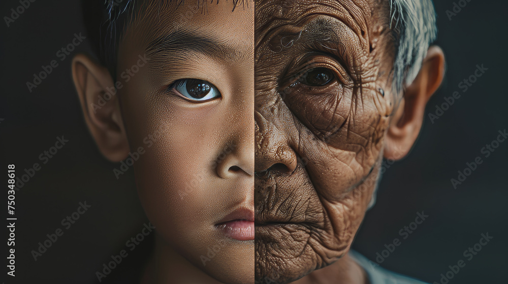 Naklejka premium Portrait of an Asian male with him as a young boy and him aging to an old Asian man