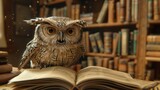 a bookish owl wearing glasses, with a bookshelf filled with volumes as the backdrop.
