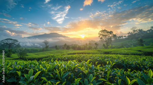 Beautiful view of a tea plantations at sunrise time