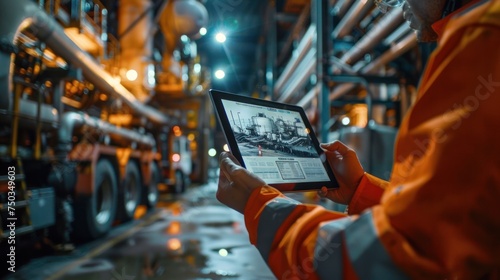 a safety checklist being checked off on a tablet with an augmented reality simulation in the background showing workers the proper way to operate a potentially