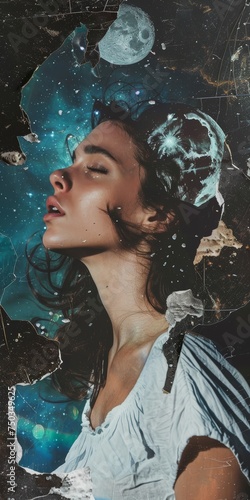 Beautiful Woman in the Magic of the Universe Background - Cut and Ripped Magazine Collage Poster Style Wallpaper created with Generative AI Technology