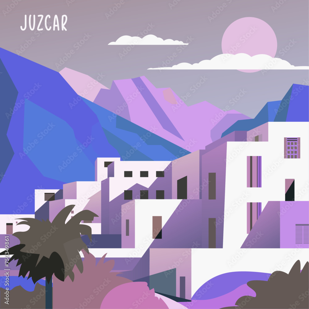 Juzcar retro village poster with abstract shapes of skyline, buildings at sunrise, sunset. Vintage Spain, Malaga province, Andalusia town travel vector illustration