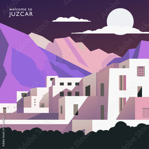 Juzcar retro village poster with abstract shapes of skyline, buildings at night. Vintage Spain, Malaga province, Andalusia town travel vector illustration © Anastasiia