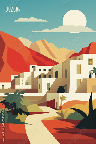 Juzcar retro village poster with abstract shapes of skyline, buildings at sunrise, sunset. Vintage Spain, Malaga province, Andalusia town travel vector illustration photo