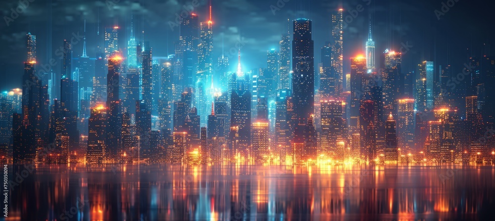 Night cyber city skyline. Generative AI technology.