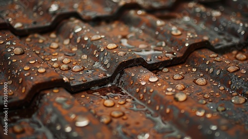 raindrops falling onto a rusted metal roof leaving behind small pockets of water and a worn gritty texture