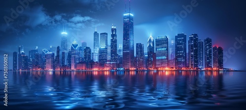Night city and sea. Generative AI technology.