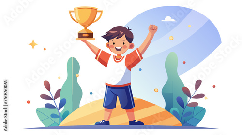 Happy child celebrating a victory with a trophy