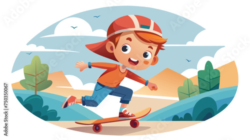 Young cartoon boy skateboarding in a scenic park