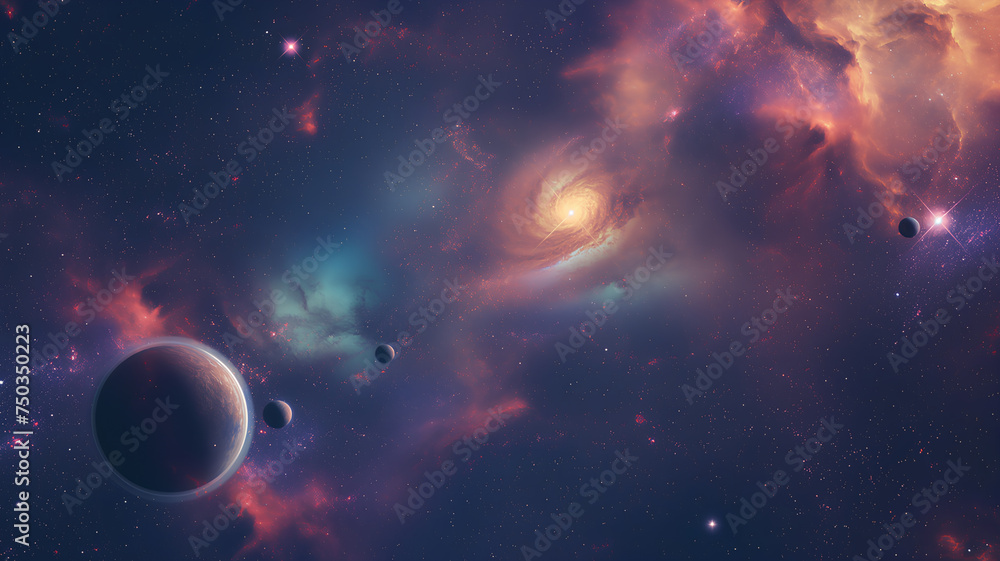 Obraz premium Cosmic Vista of Distant Galaxies and Planets . An awe-inspiring cosmic scene with vibrant galaxies, glowing nebulas, and multiple planets against the backdrop of the starry universe. 