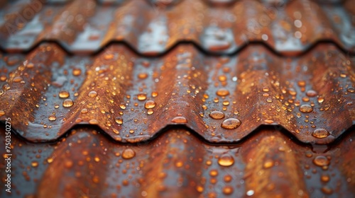 raindrops falling onto a rusted metal roof leaving behind small pockets of water and a worn gritty texture