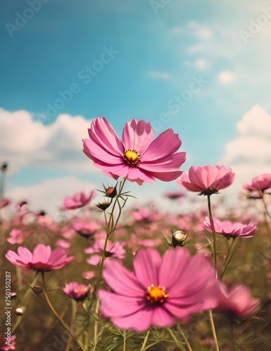 Vintage landscape nature background of beautiful cosmos flower field on sky with sunlight in spring. vintage color tone filter effect Generative AI