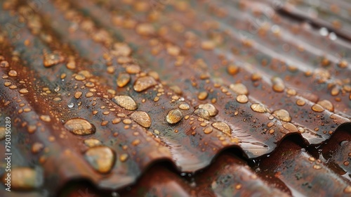 raindrops falling onto a rusted metal roof leaving behind small pockets of water and a worn gritty texture