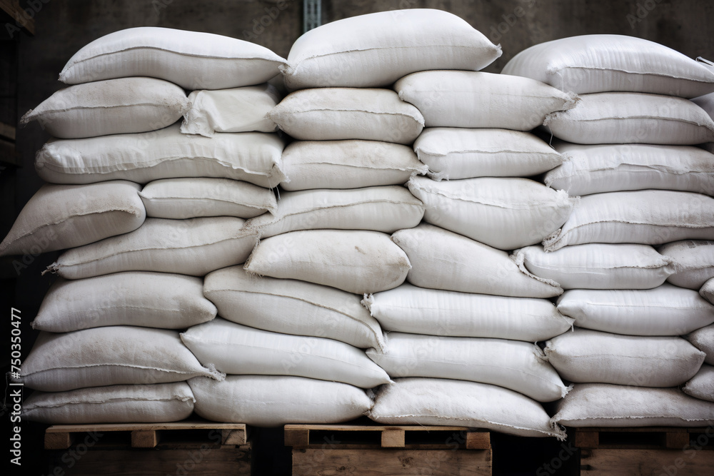 Stacks of white cement bags stored on wooden palettes in warehouse