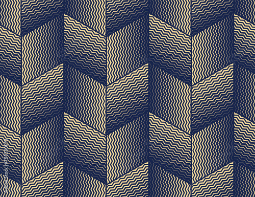 Abstract geometric pattern. A seamless vector background. Gold and dark blue ornament. Graphic modern pattern. Simple lattice graphic design
