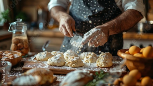 Baker sprinkling flour over fresh dough on wooden surface. Artisan bread-making process concept for design and print