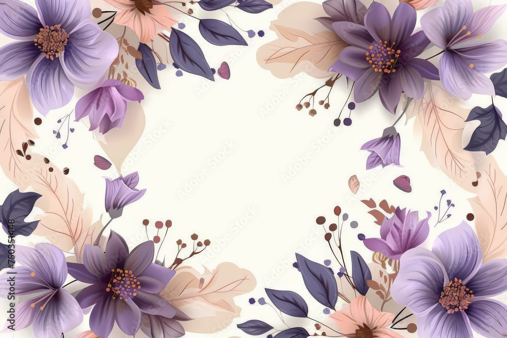 purple flowers and leaves on the white background, greeting card design. empty space for text, Women's Day and Mother's Day.,banner purple flowers and leaves on the white background, greeting card design. empty space for text, Women's Day and Mother's Day.,banner
