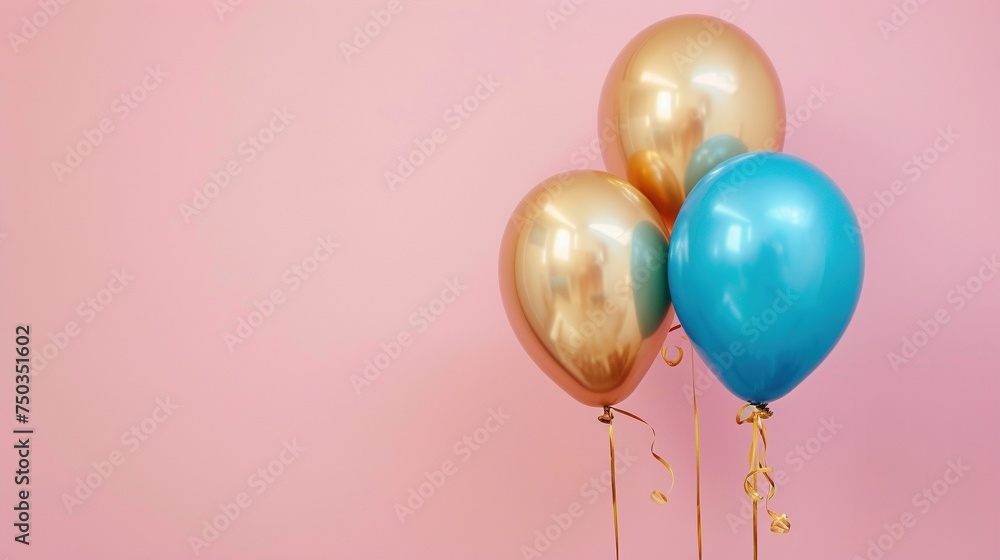 Goldene und blaue Luftballone vor rosa Hintergrund 