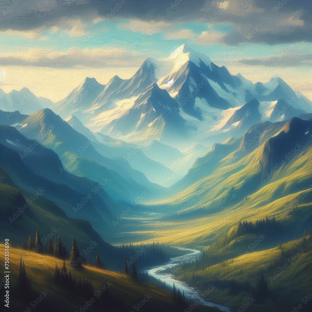 Majestic Mountain Landscape with Tranquil River - Awe-Inspiring Nature Painting