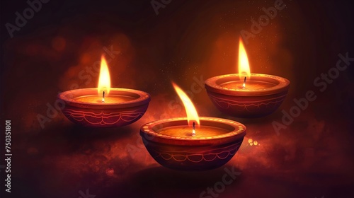 Illustration of Diwali festival of lights tradition Diya oil lamps against dark background.