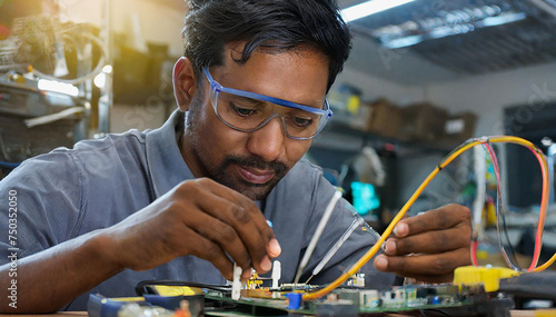 An electronics engineer in safety glasses assembles microcircuits on a computer matrix in the laboratory.