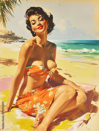 Vintage 1950's illustration of a beautiful pin-up girl in two-piece bathing suit on beach