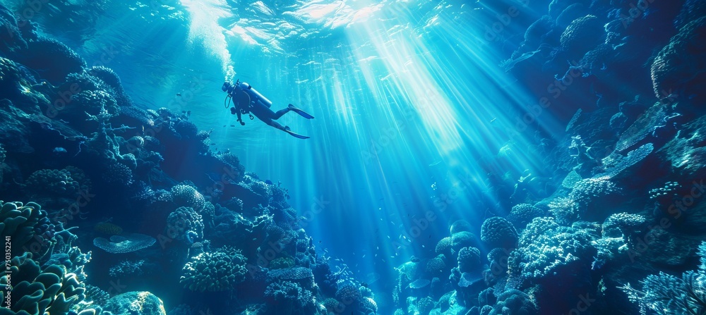 A person scuba diving underwater sea with shiny sun light from the surface. Generative AI technology.	
 - obrazy, fototapety, plakaty 