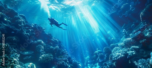 A person scuba diving underwater sea with shiny sun light from the surface. Generative AI technology.	
 photo