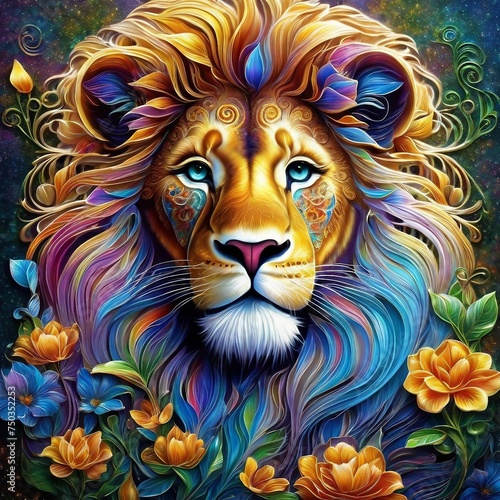 Majestic lion with captivating blue eyes and vibrant colorful mane on a sunny day