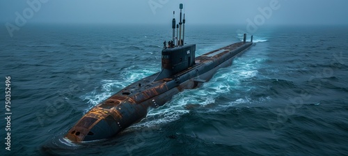 Rusty old submarine on ocean surface. Generative AI technology. photo