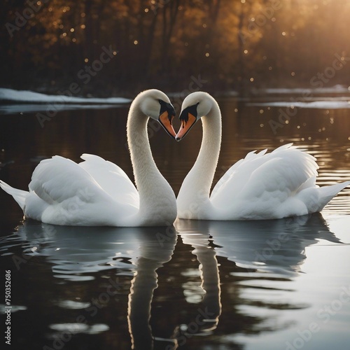 Graceful swans swimming together in serene lake waters under warm sunlight © Shaig Agayev