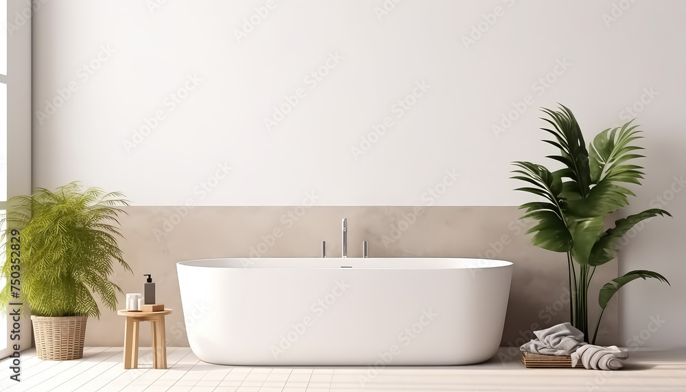 A white bathtub is surrounded by potted plants and a vase - obrazy, fototapety, plakaty 