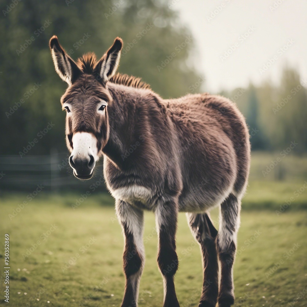 Serene Donkey Standing in Lush Field with Majestic Trees in the Background Serene Donkey Standing in Lush Field with Majestic Trees in the Background