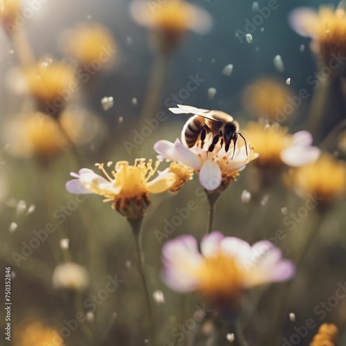 Vibrant Nature: Busy Bee Flying Over Delicate Flower Blossom in Spring Garden © Shaig Agayev