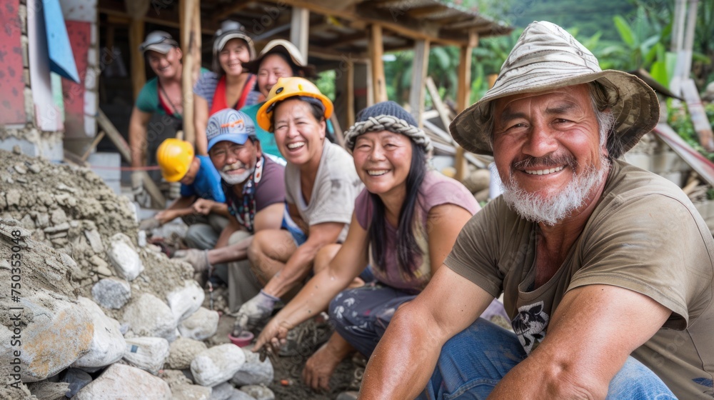 The joy of service radiates from this group of smiling retirees as they help build a community center on their volunteer trip abroad. - obrazy, fototapety, plakaty 