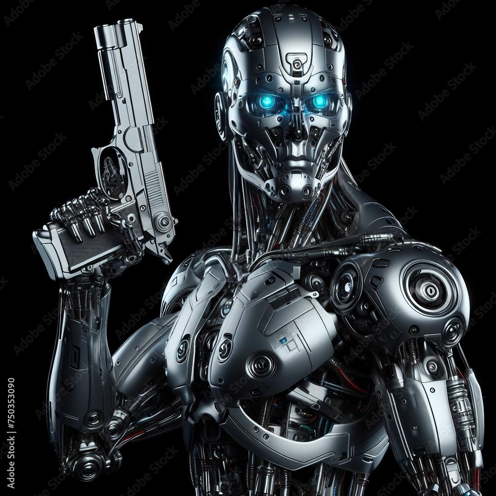 Fototapeta premium Futuristic Robotic Soldier Aiming Gun Cybernetic Weaponry Concept