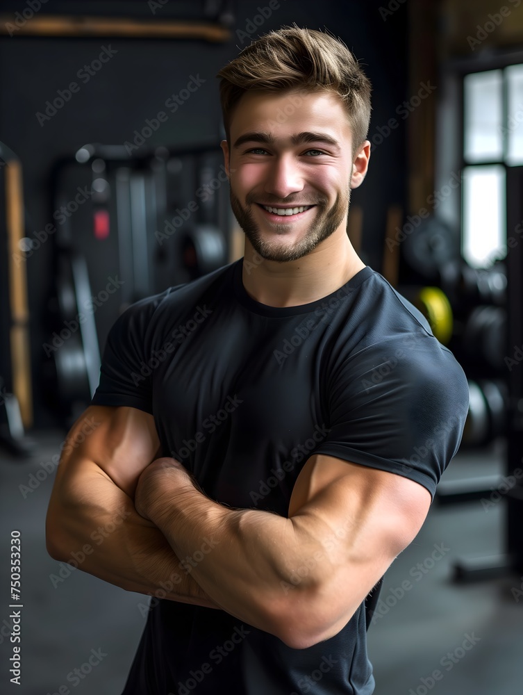 American Male Personal Trainer Smiling with Gym Background American Male Personal Trainer Smiling with Gym Background
