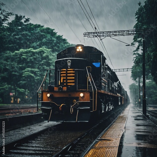 Speeding Train Approaching in Rain with Dramatic Atmosphere photo