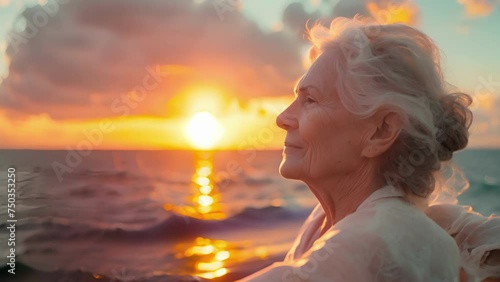 A senior woman taking in the breathtaking sunset from the ships observation deck feeling grateful and content with her welldeserved retirement travels. photo