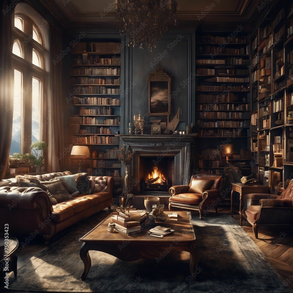 Fototapeta premium Cozy Living Room Ambiance: Fireplace and Plush Couch Setting for Relaxing Evenings