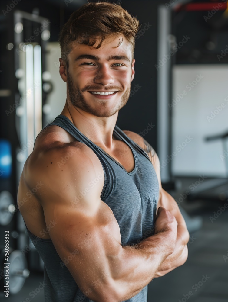 Fototapeta premium American Male Personal Trainer Smiling with Gym Background