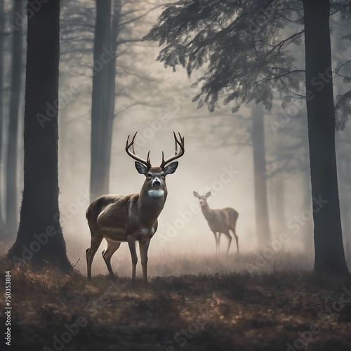 Majestic Deer Pair in Autumn Woods - Serenity of Wildlife Harmony