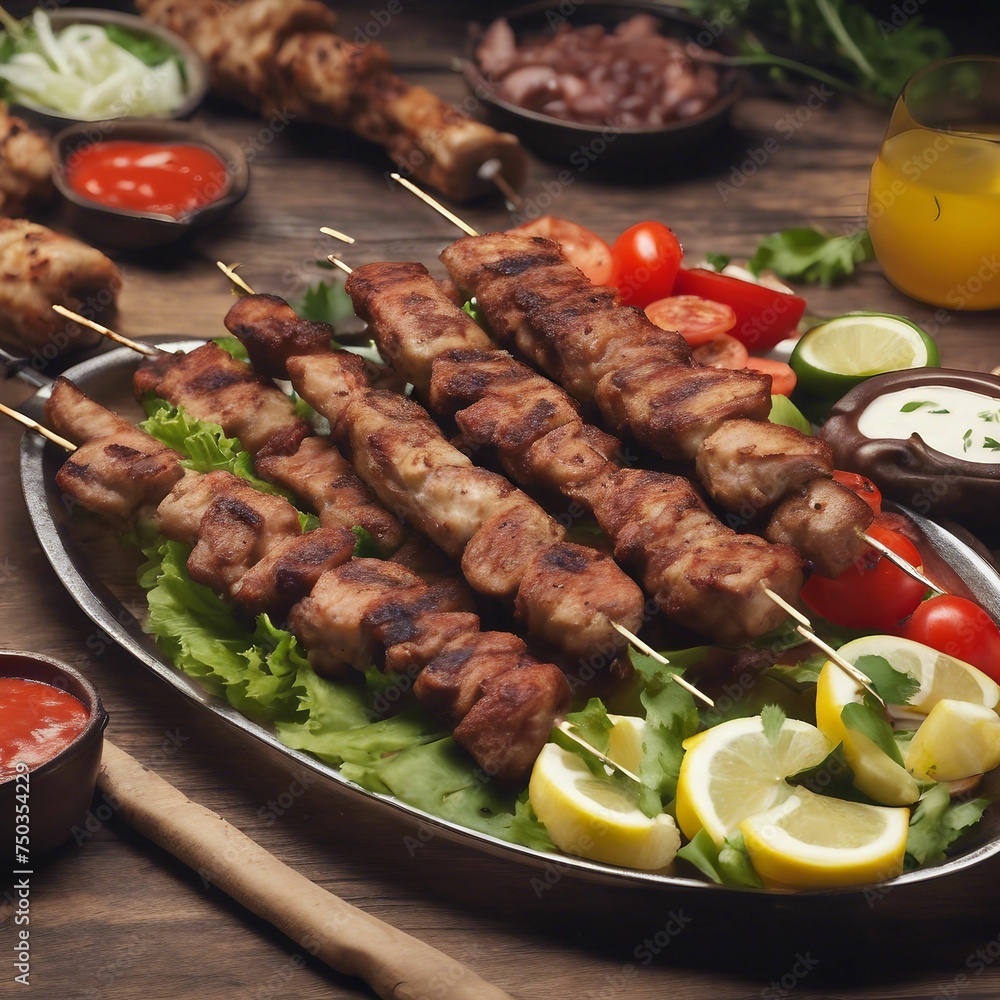 Delicious Plate of Chicken Skewers with Skewers and Fresh Salad on the Side