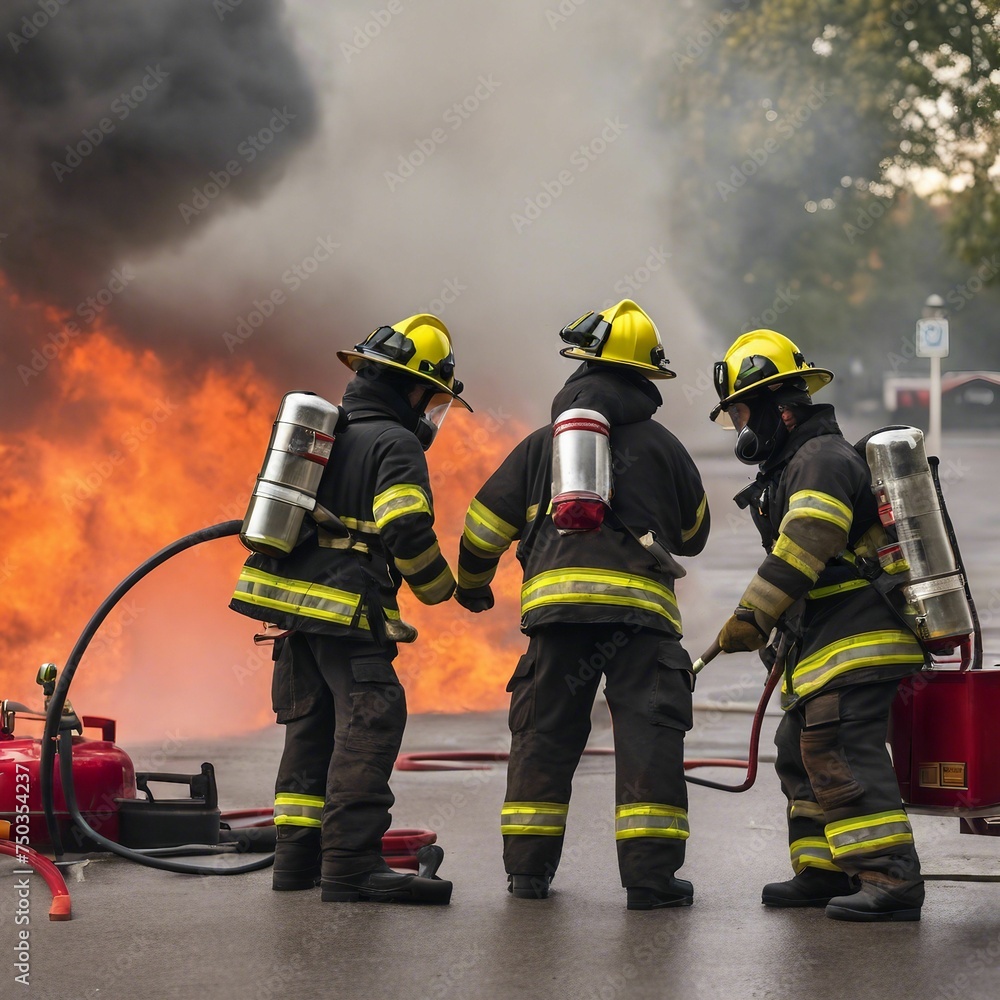 Courageous Firefighters Battling Intense Flames in Front of a House on Fire Courageous Firefighters Battling Intense Flames in Front of a House on Fire