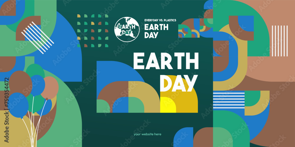 Earth day banner. Modern geometric abstract background in environmental colors for Earth Day. Happy Earth Day vector illustration for awareness together stop using plastic.