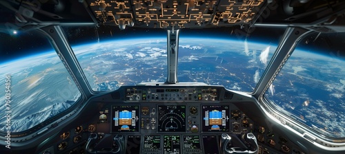 Space aircraft cockpit view. Generative AI technology.	
 photo
