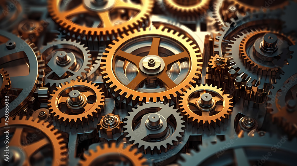 A series of interrelated gears symbolizes the synergy between different elements of a well-functioning system A series of interrelated gears symbolizes the synergy between different elements of a well-functioning system