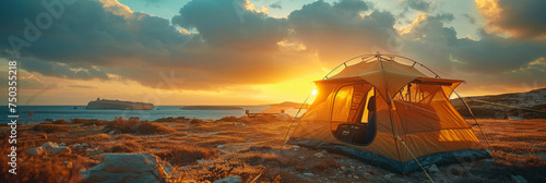 Camping  tent on the side of the desert road at sunset or sunrise   adventure travelling