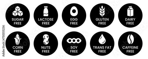 Set allergen free icons. Allergen free products. Products warning symbols. Lactose free, gluten free, sugar free, corn free, egg free, trans fat free, soy free, nuts free, coffeine free sign.