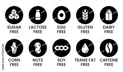 Set allergen free icons. Allergen free products. Products warning symbols. Lactose free, gluten free, sugar free, corn free, egg free, trans fat free, soy free, nuts free, coffeine free sign.